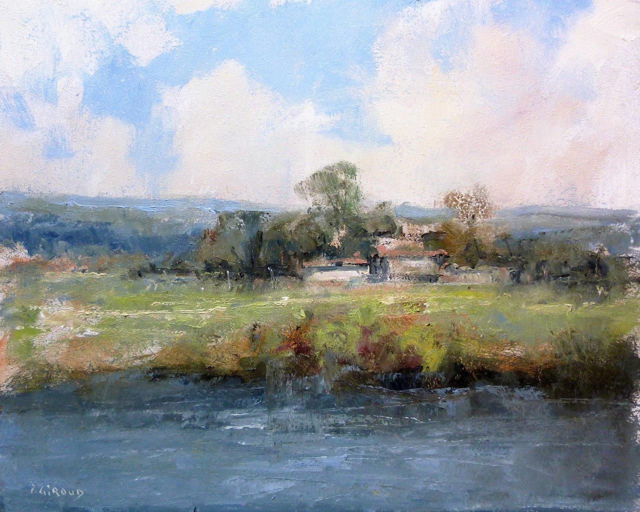 Peinture : Ferme près d'un Etang 