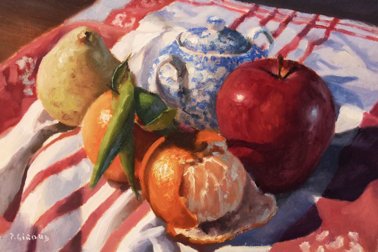 Peinture : Fruits et Torchon 