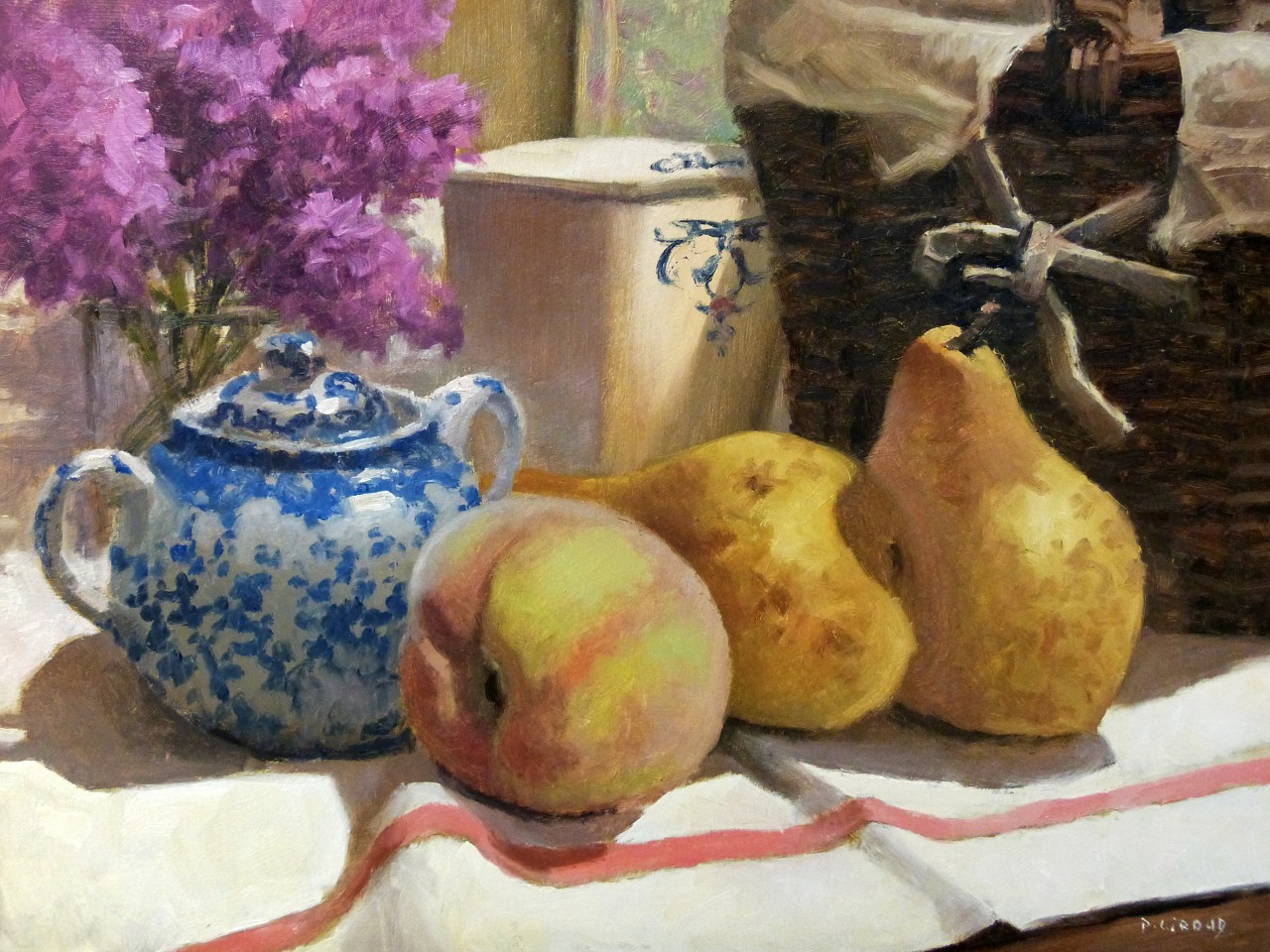 Peinture : Une Pêche et 2 Poires 