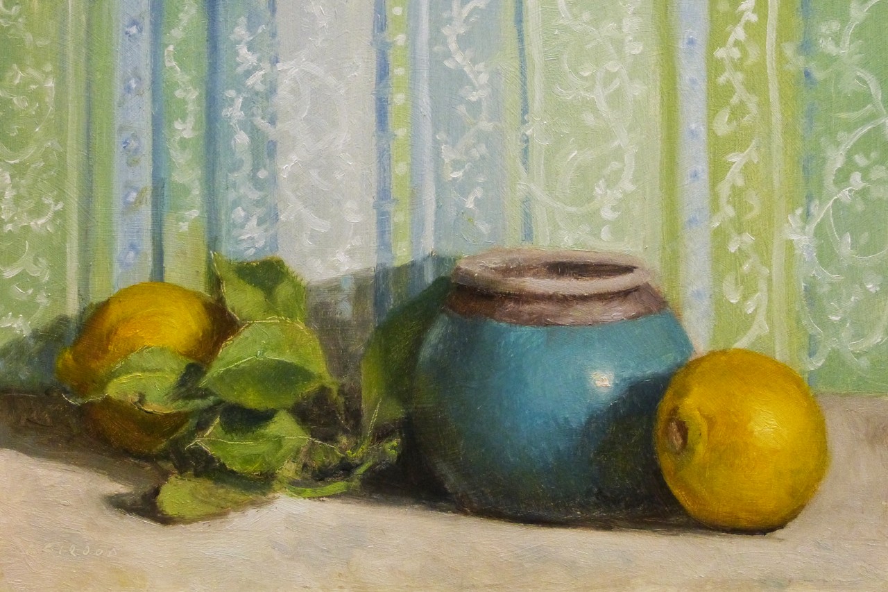 Peinture : Citrons et Pot Bleu 