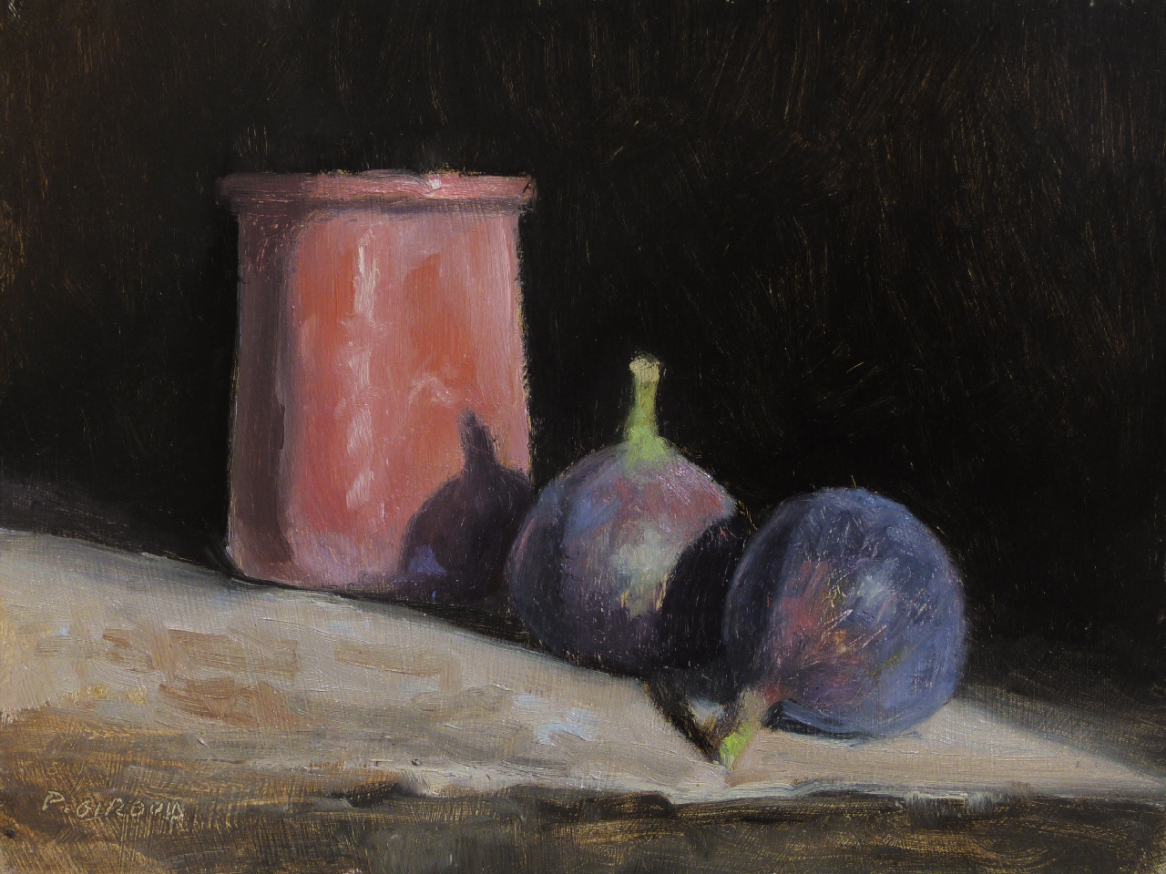 Peinture : Figues et Pot Rose Peinture : Figues et Pot Rose