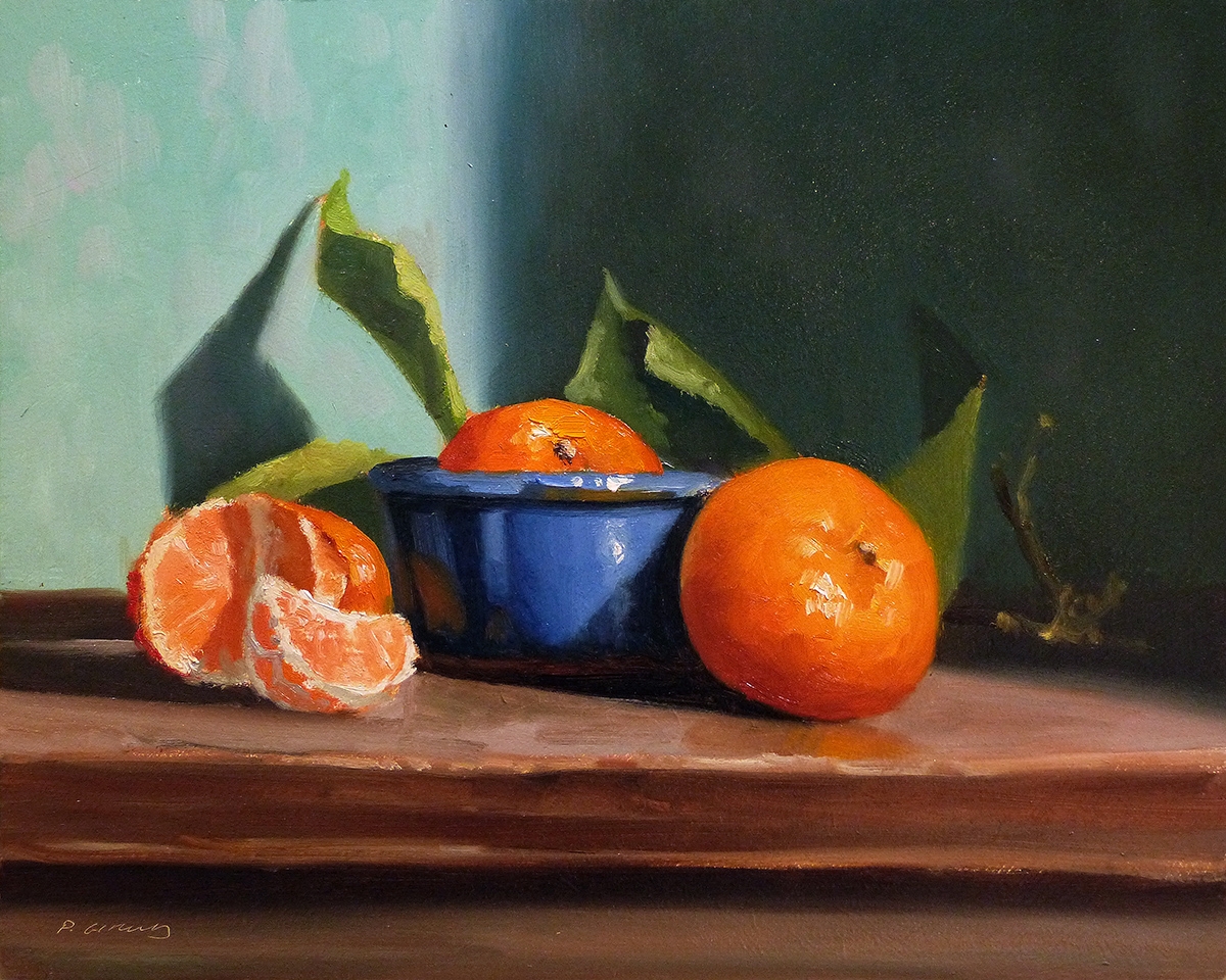 Peinture : Clémentines et Vase Bleu 