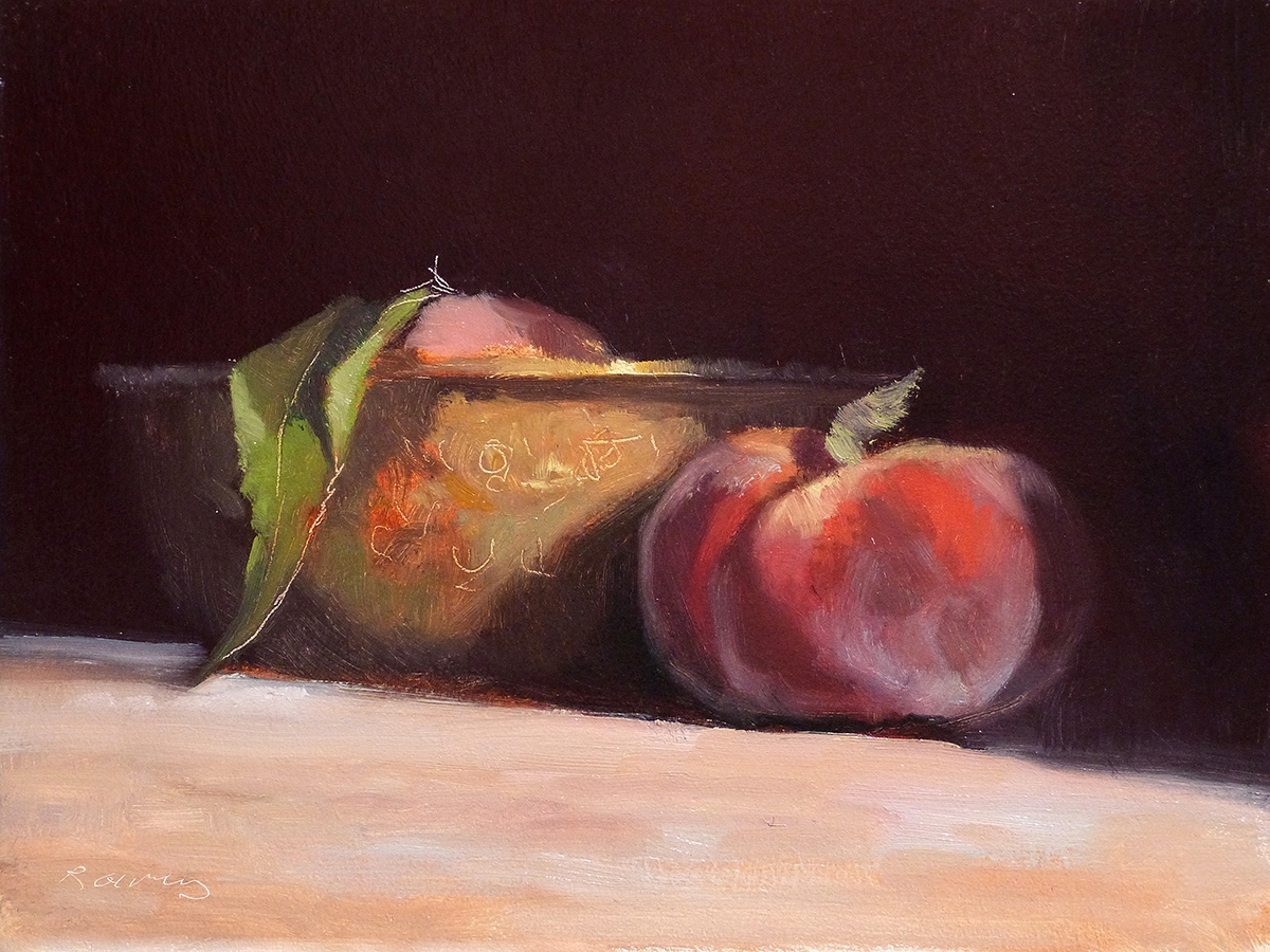 Peinture : Pêches et Bol Doré 