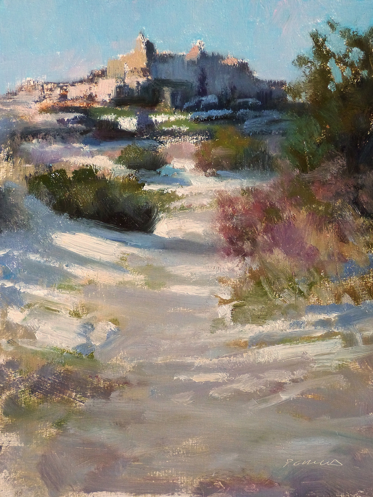 Peinture : Chemin enneigé vers Mison 
