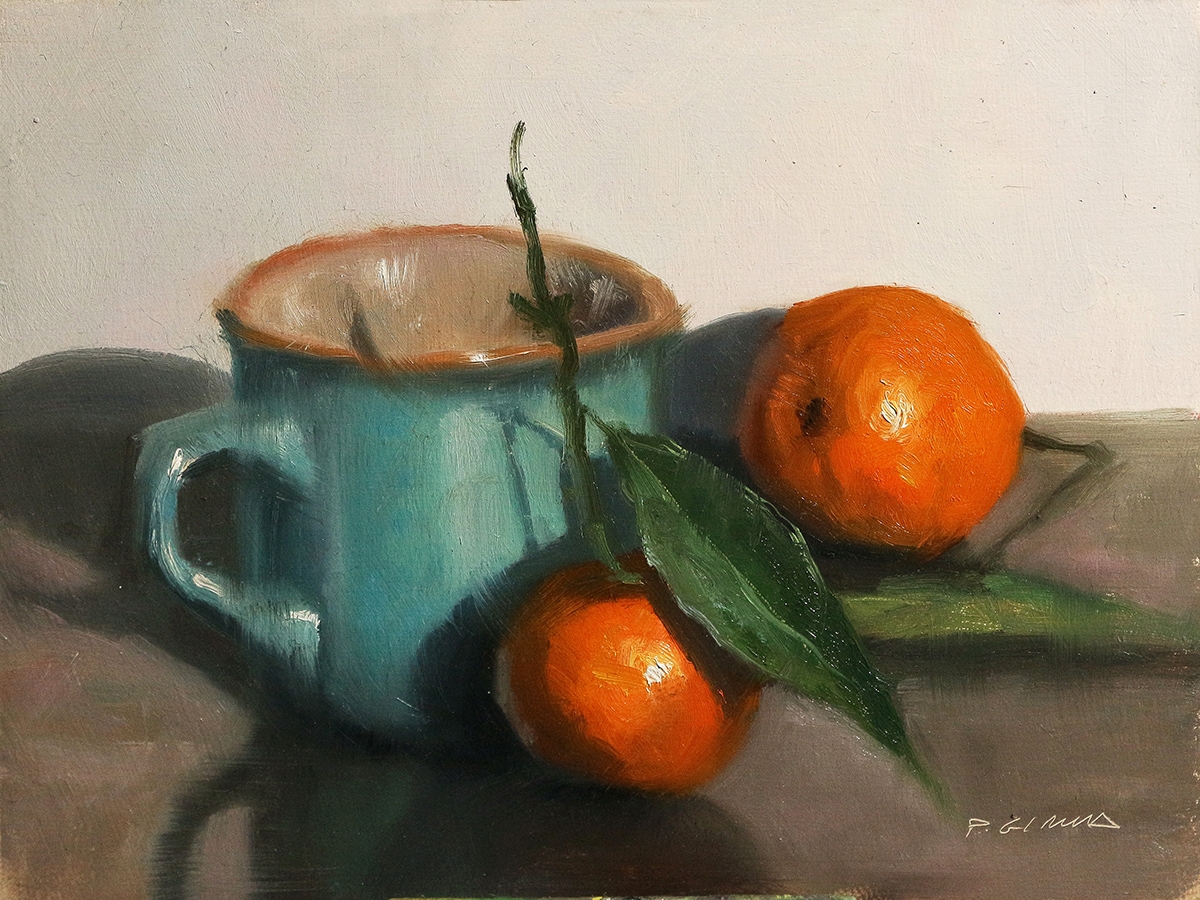 Peinture : Tasse Bleue et Clémentines 