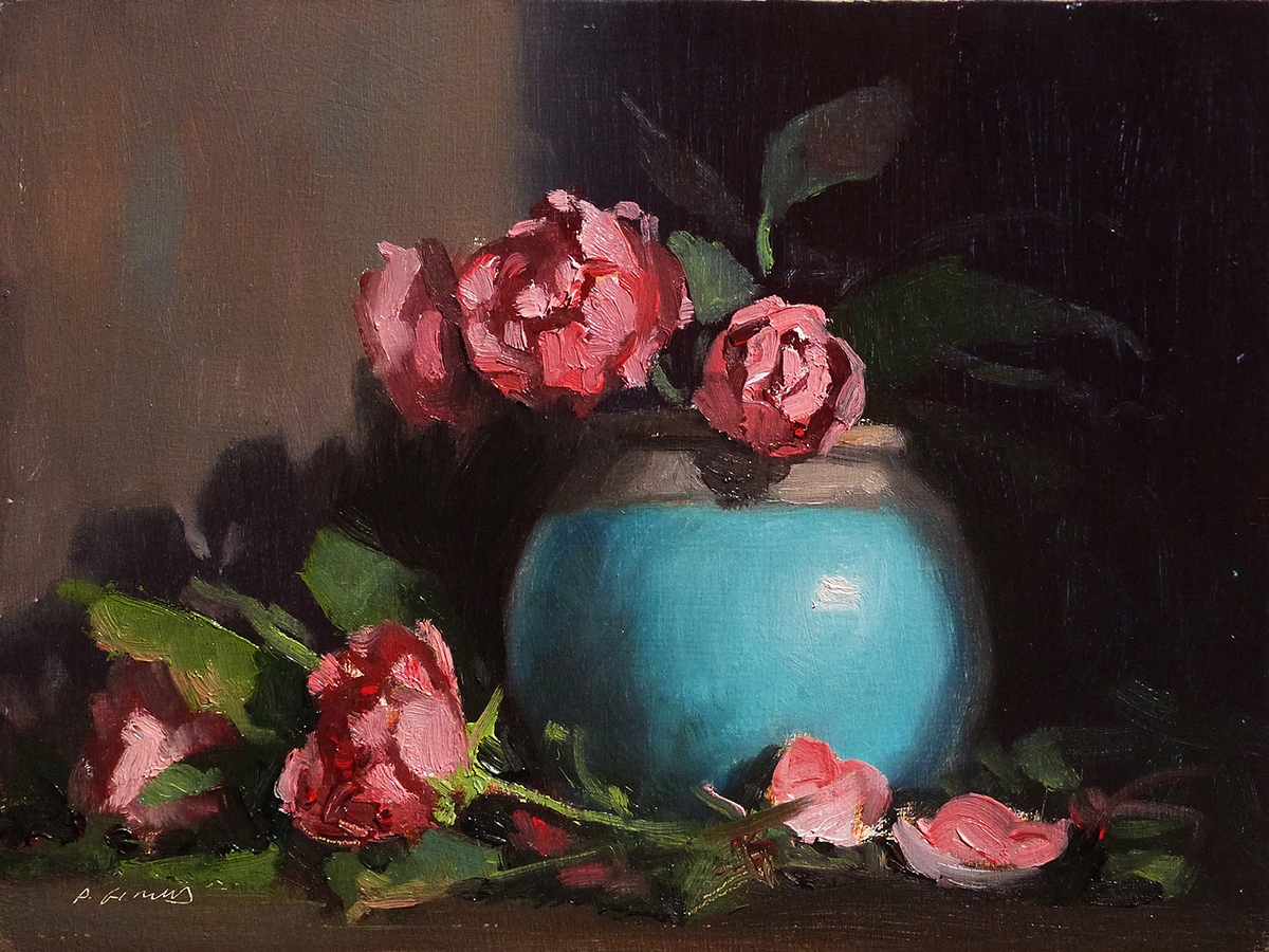 Peinture : Roses et Pot bleu