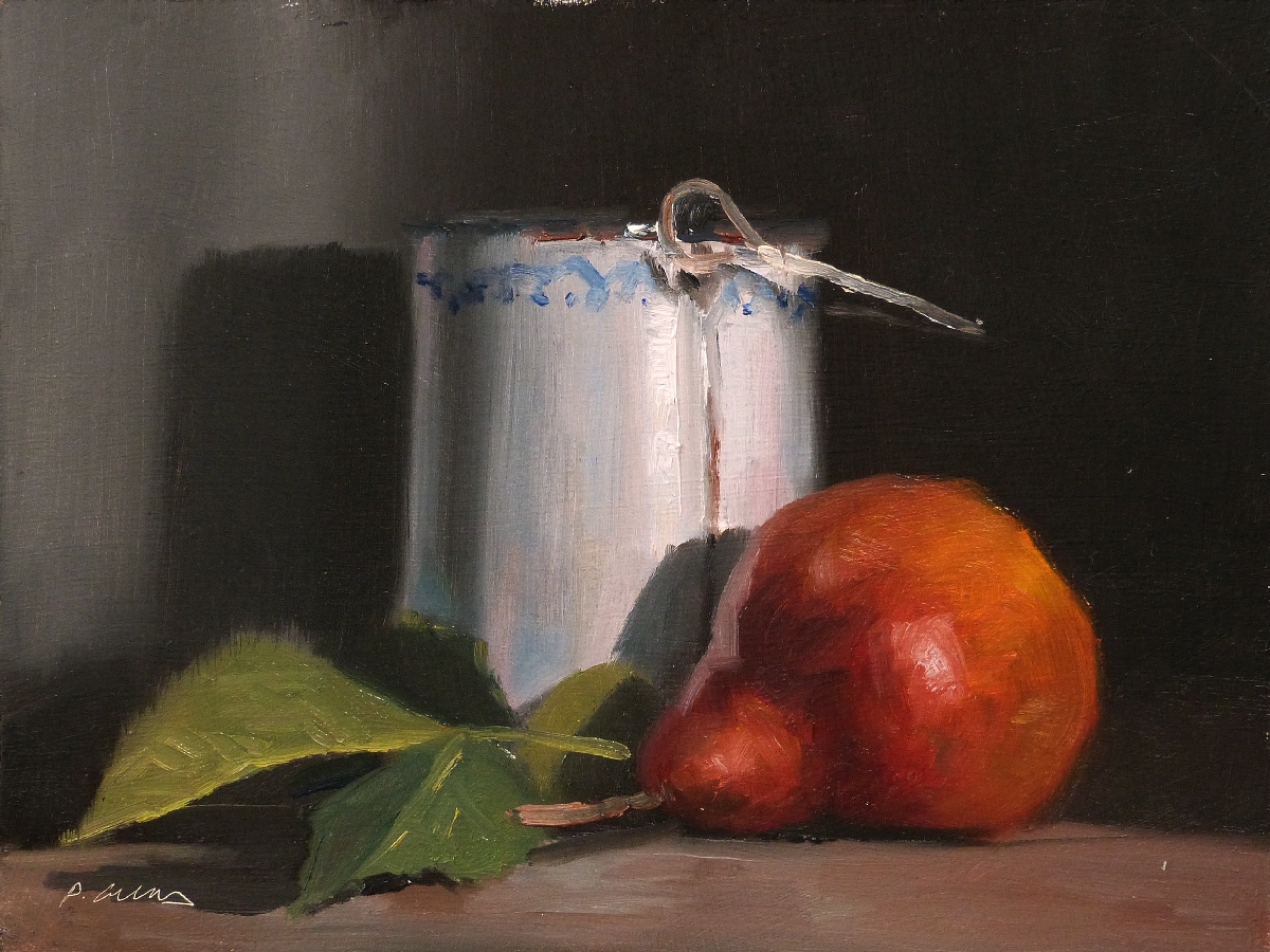 Peinture : Poire et Pot en Métal