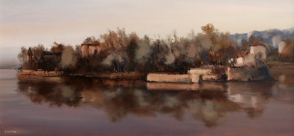 Peinture : L'île Barbe (Lyon) 