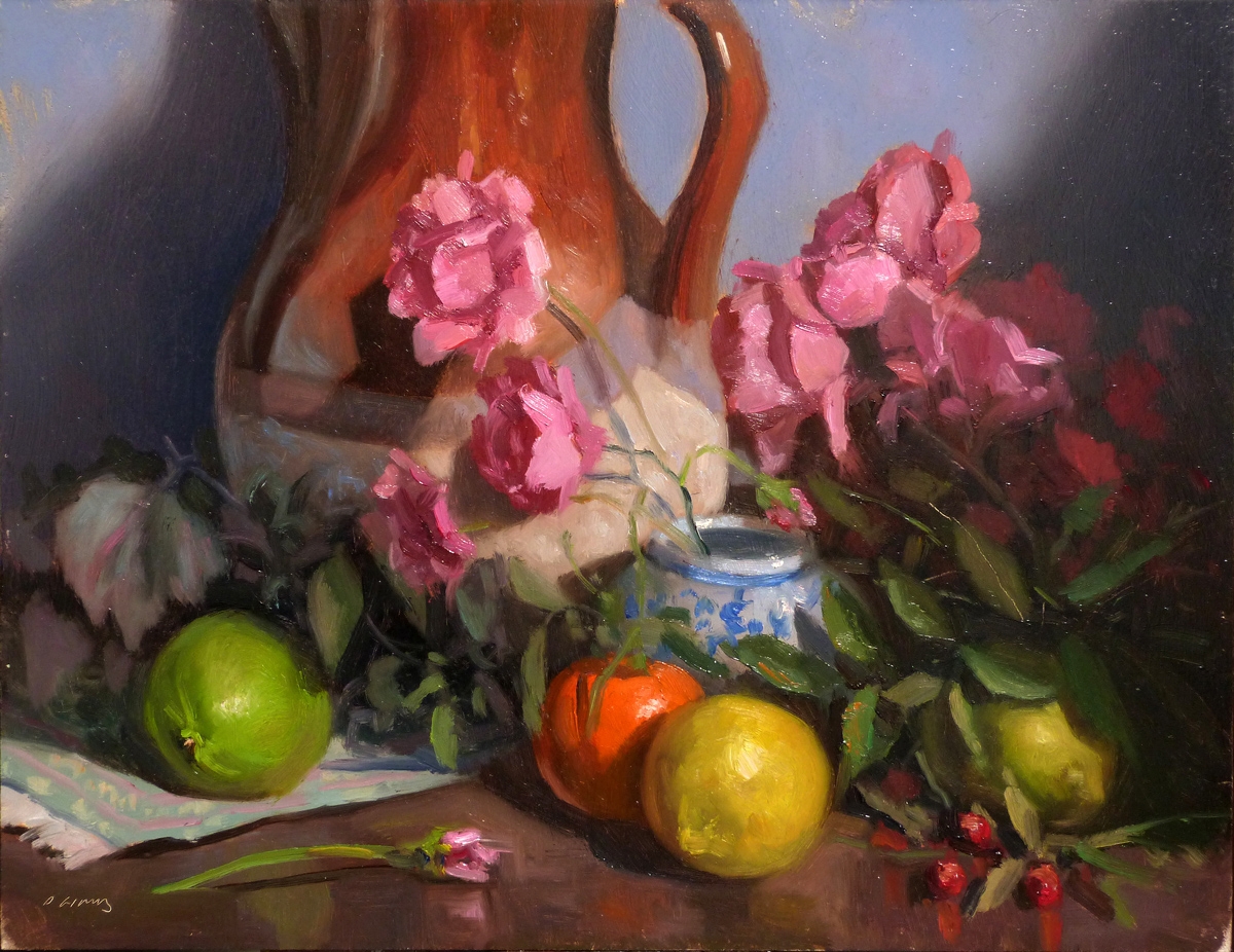 Peinture : Citrons, Roses et Pichet 