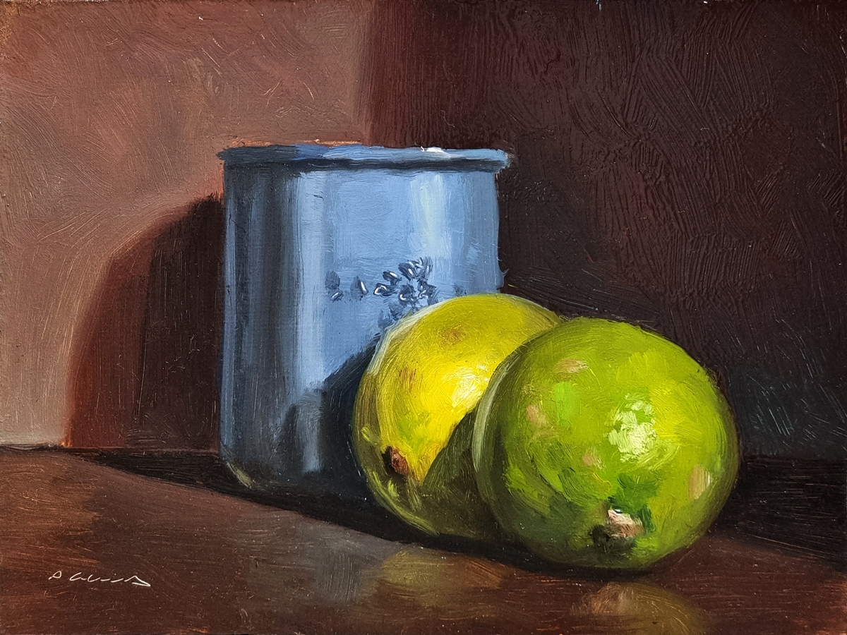 Peinture : Pot Bleu avec 2 Citrons 