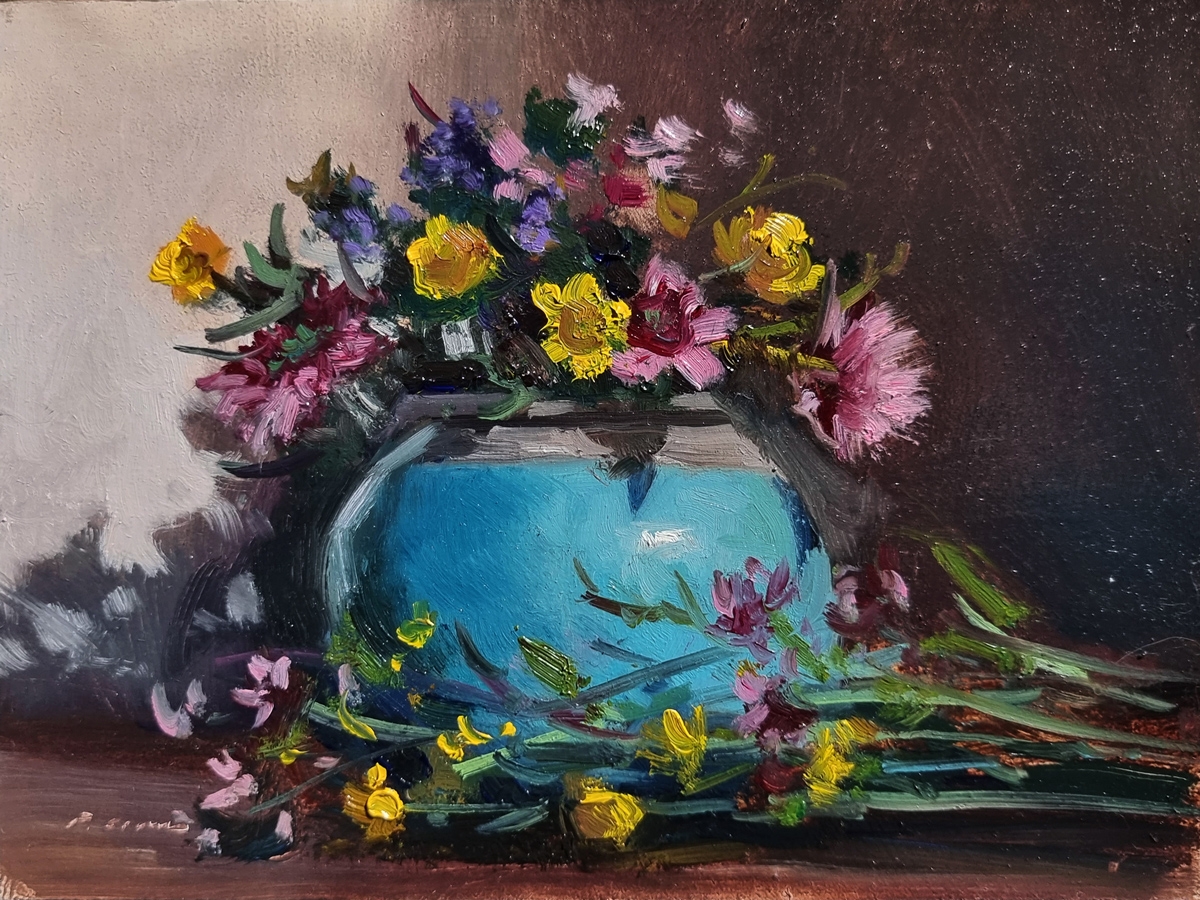 Peinture : Bouquet et Pot Bleu 