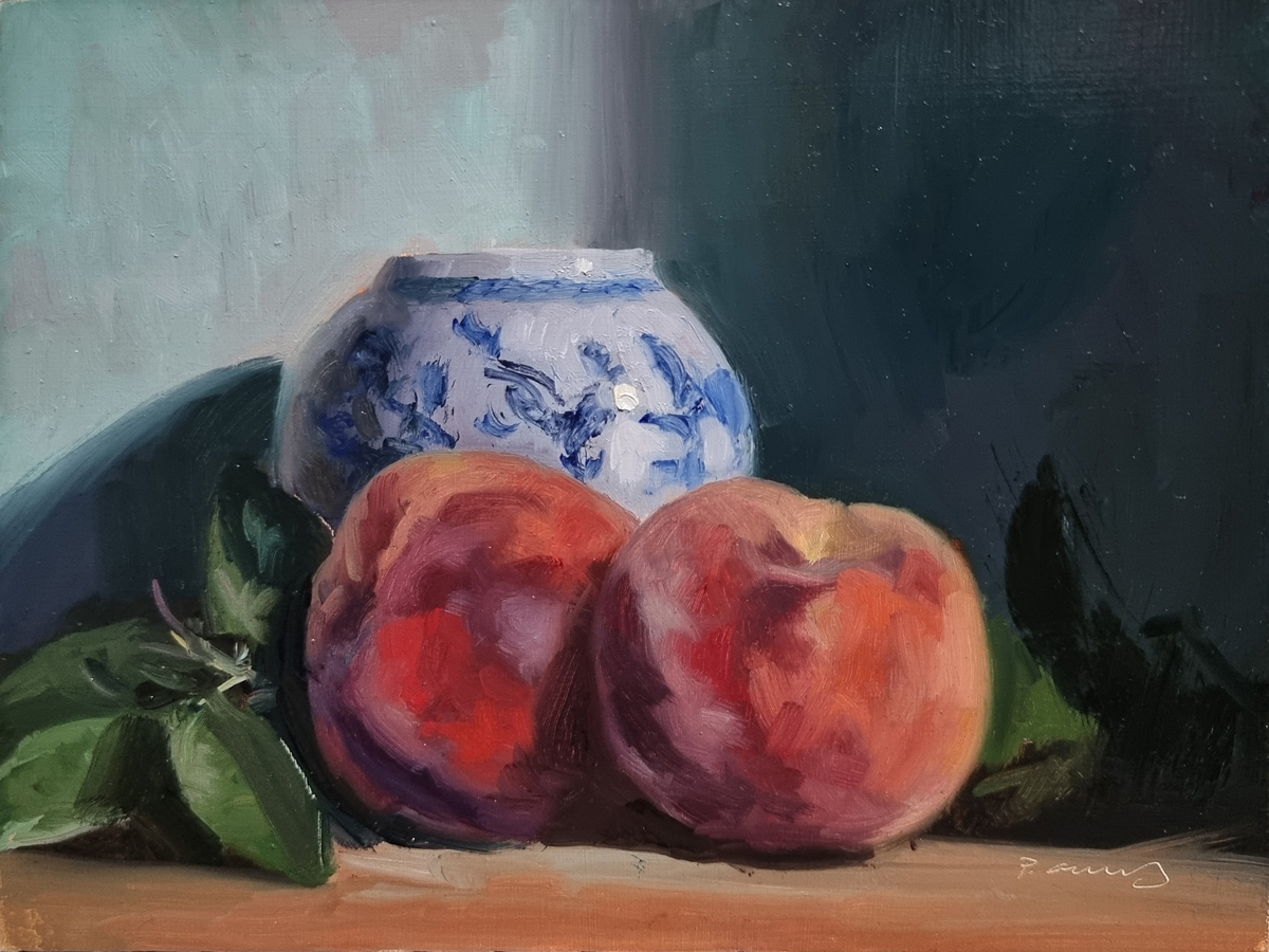 Peinture : Pêches et Vase 