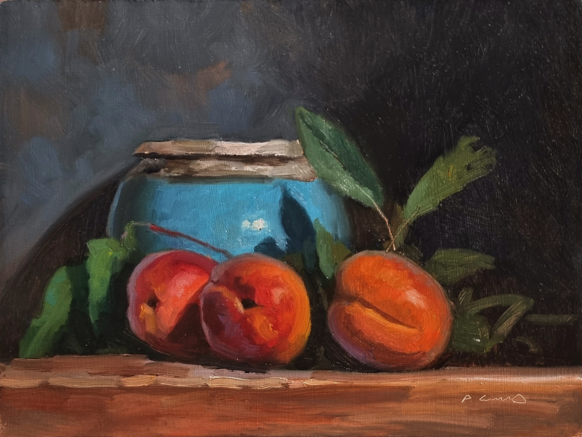 Peinture : Abricots et Pot Bleu