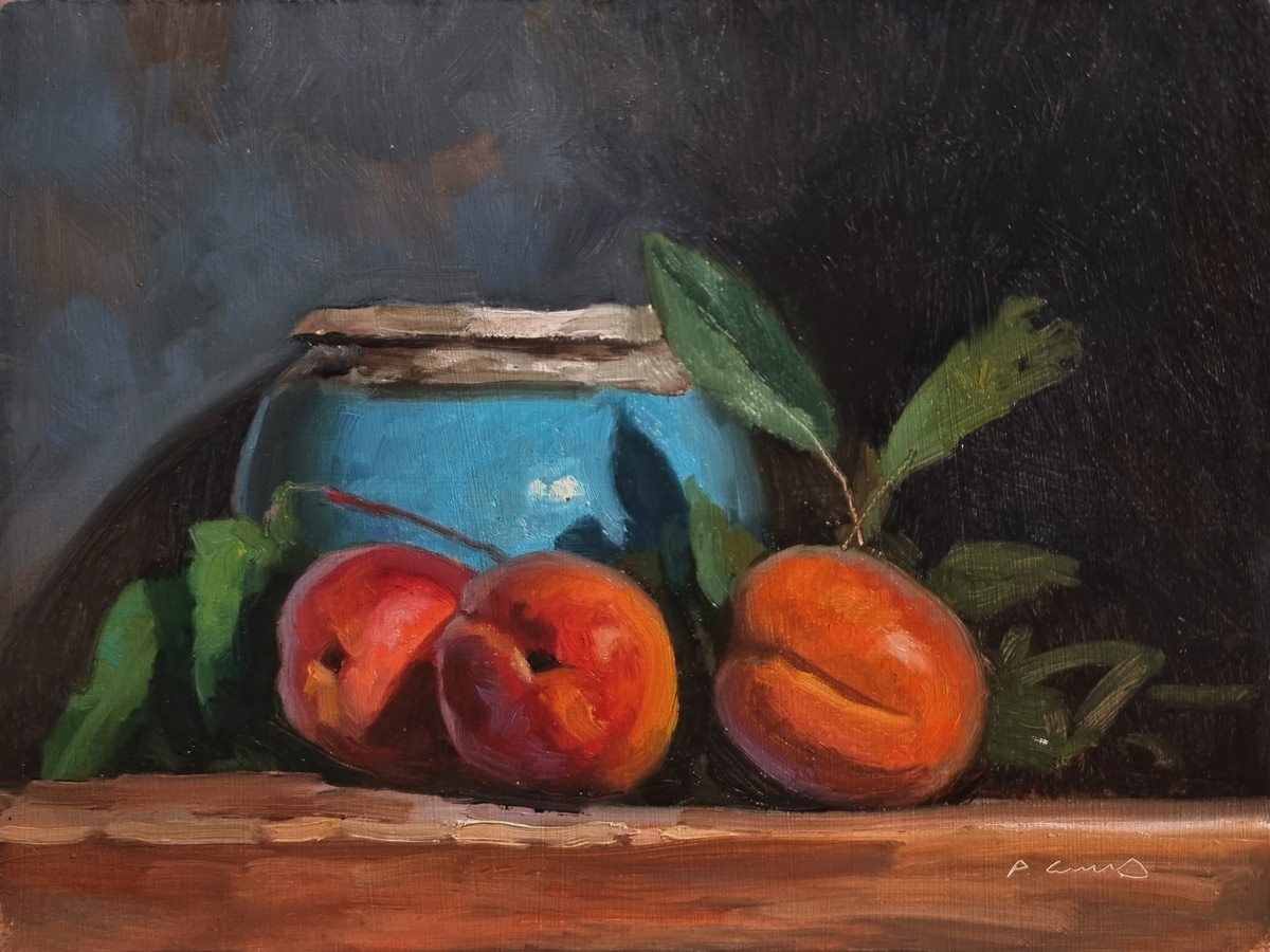 Peinture : Abricots et Pot Bleu 