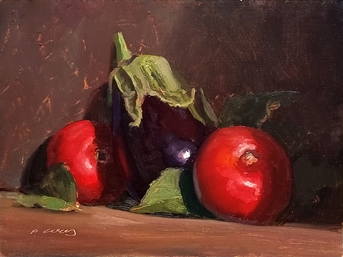 Peinture : Aubergine et 2 Tomates