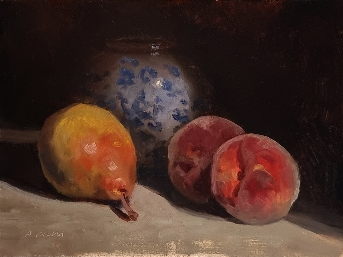 Peinture : Poire, Pêches et Vase