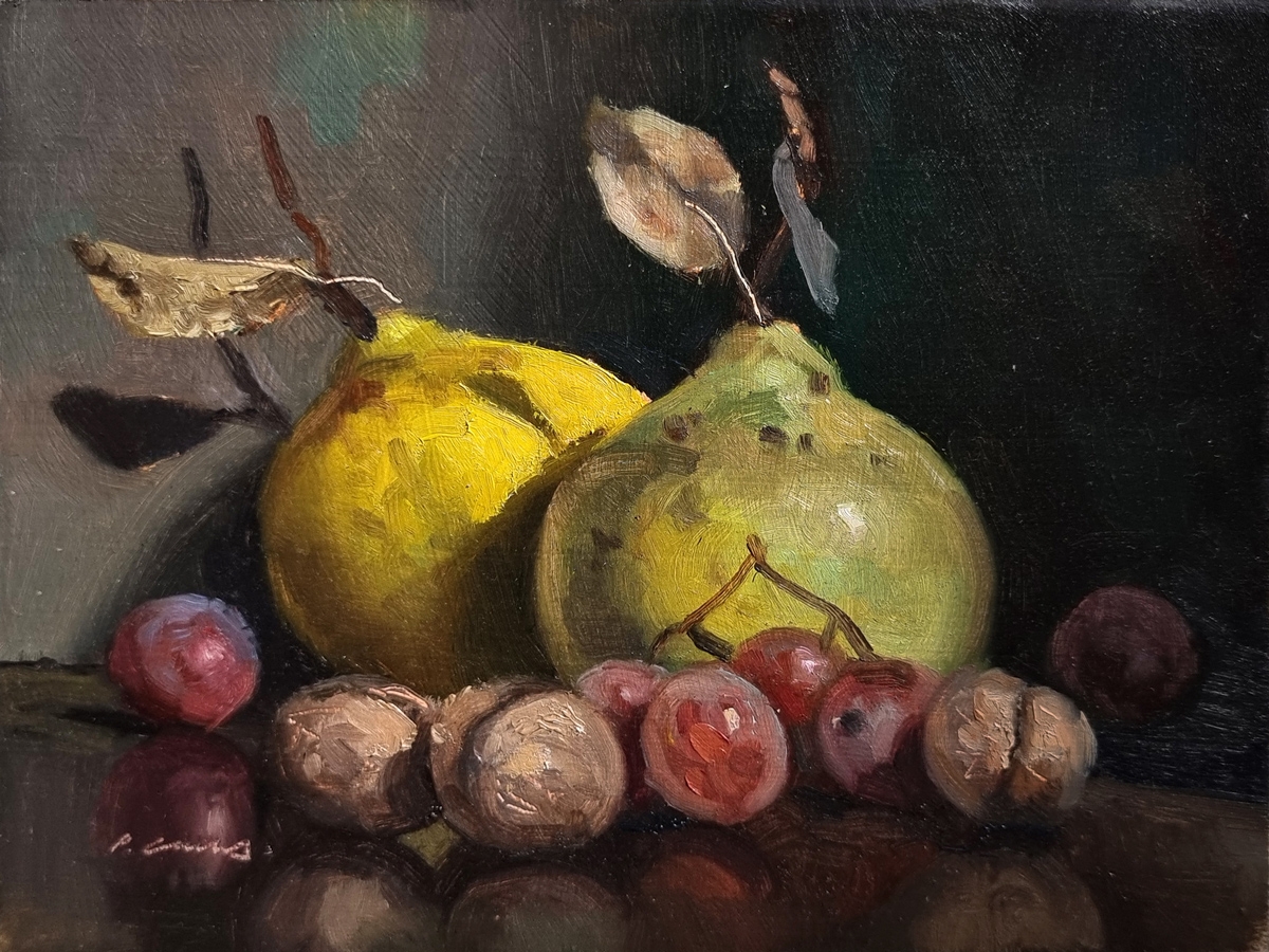 Peinture : Coings, Noix et Raisins 
