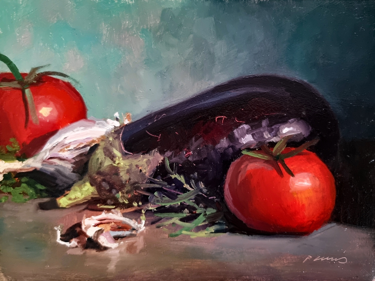Peinture : Aubergine et Tomates 