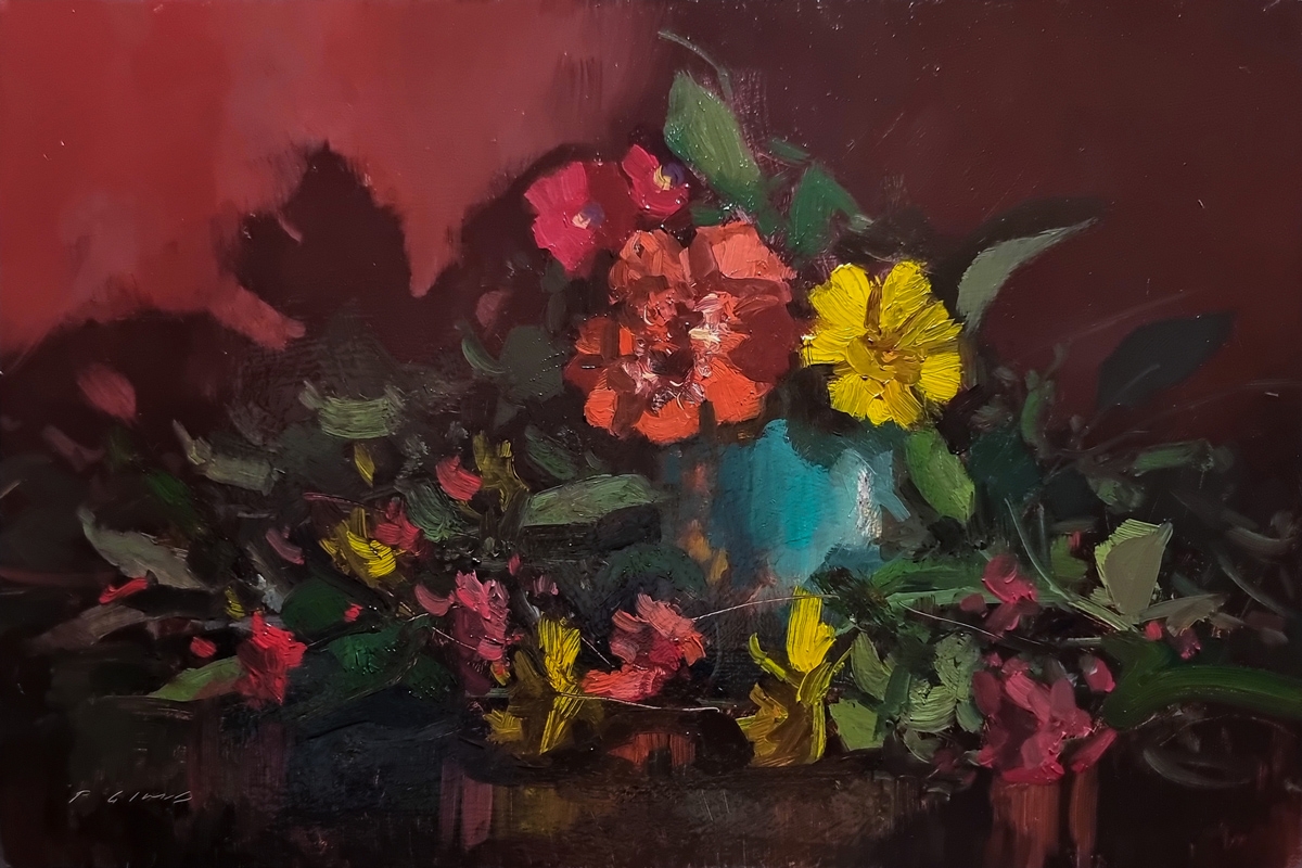 Peinture : Fleurs et Pot Bleu 