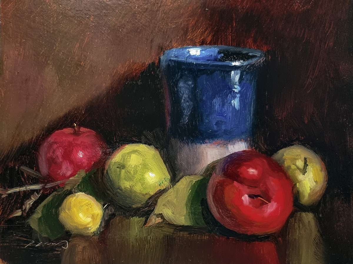 Peinture : Prunes et Tasse Bleue 