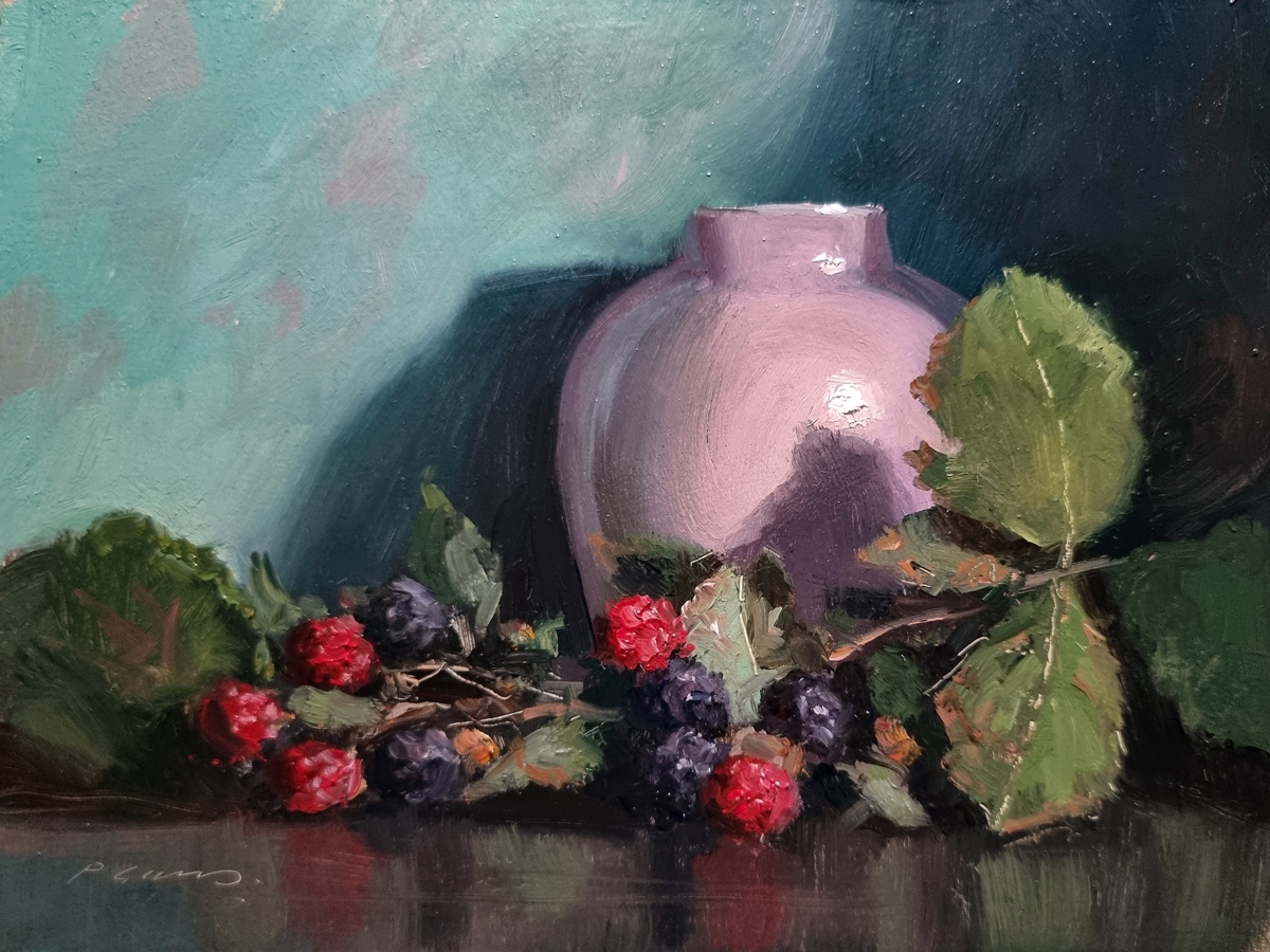 Peinture : Mûres et Vase Rose