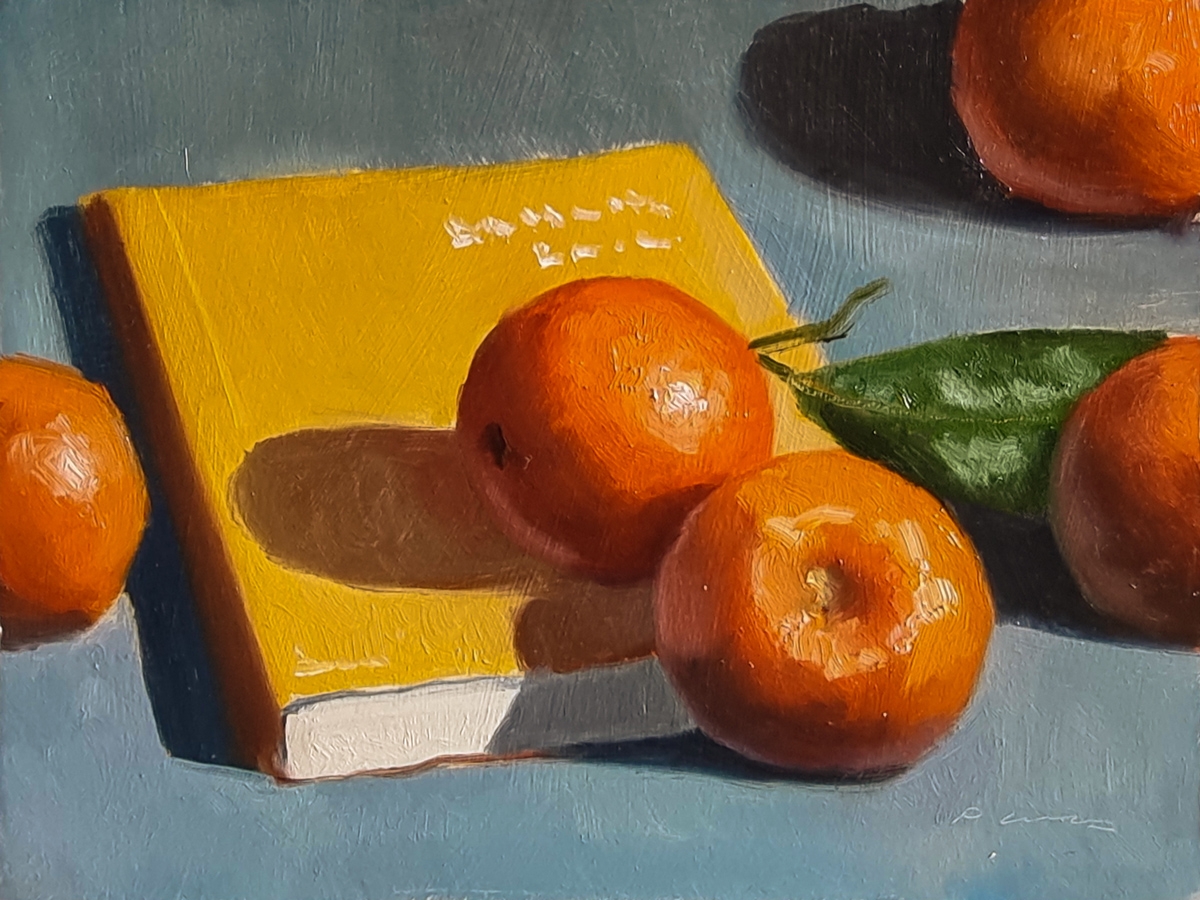 Peinture : Livre et Clémentines 