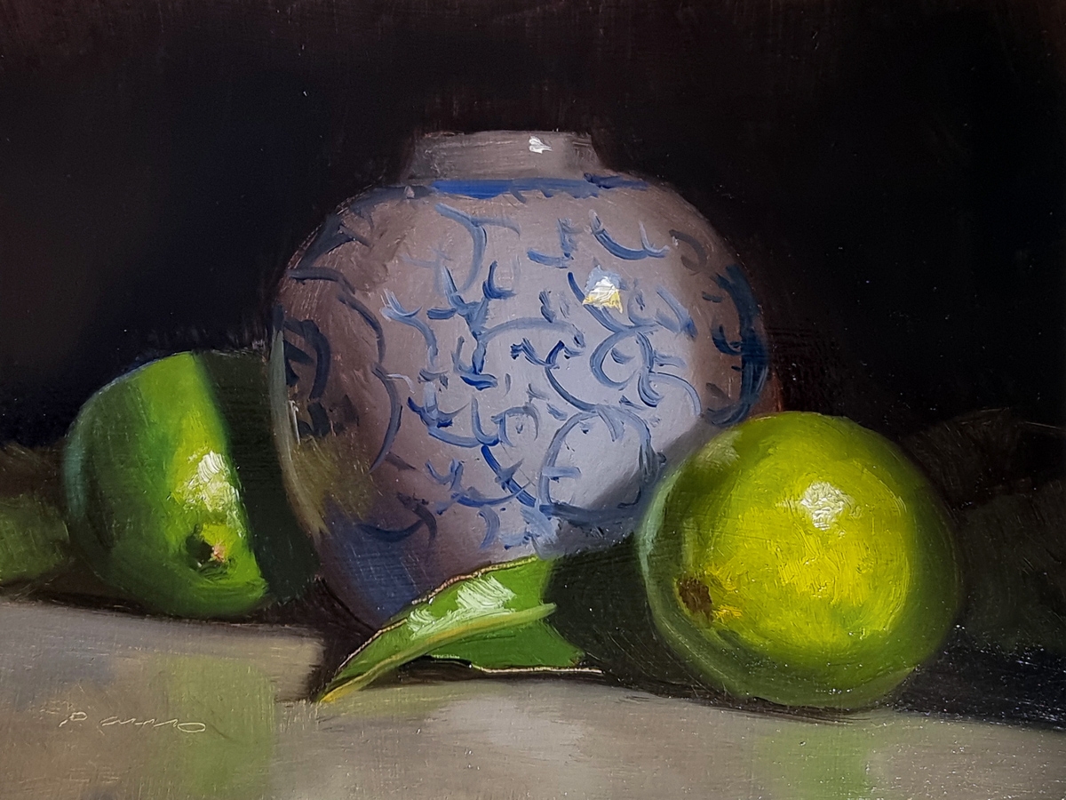 Peinture : Citrons Verts et Vase 