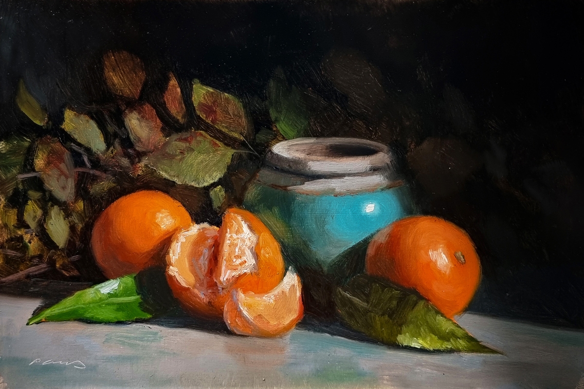 Peinture : Clémentines et Pot Turquoise 