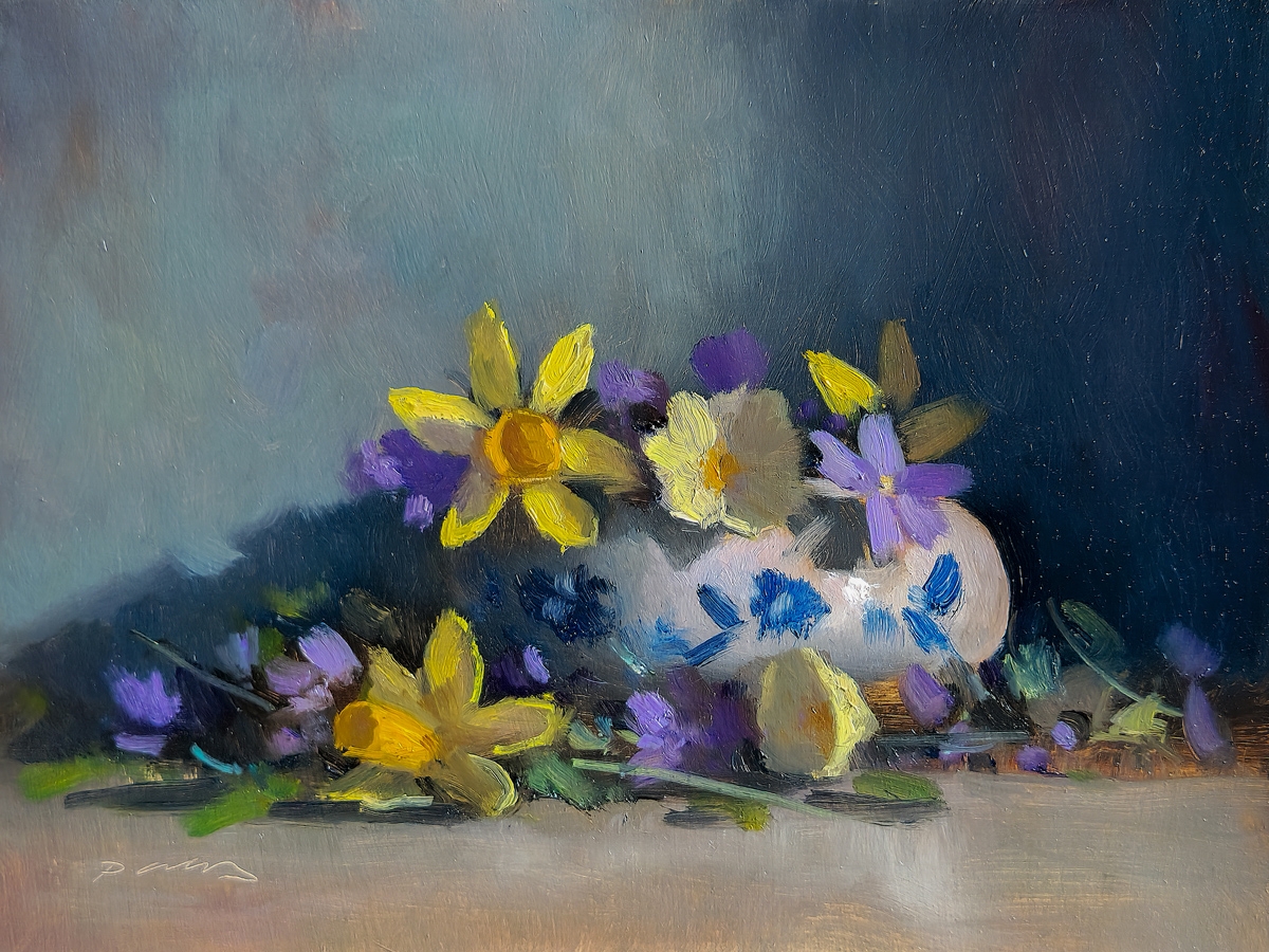 Peinture : Jonquilles et Violettes 