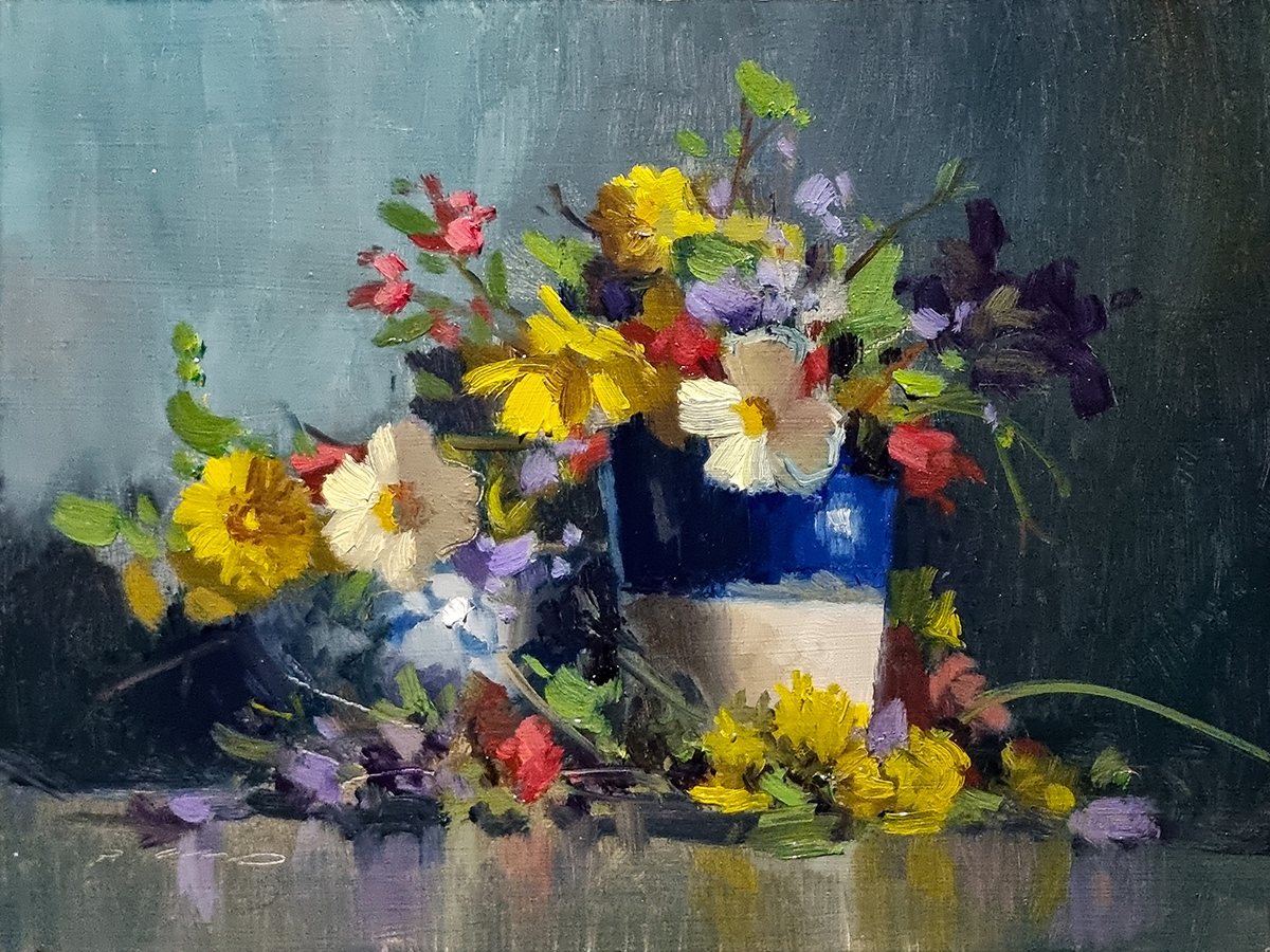 Peinture : Fleurs et Tasse Bleue 
