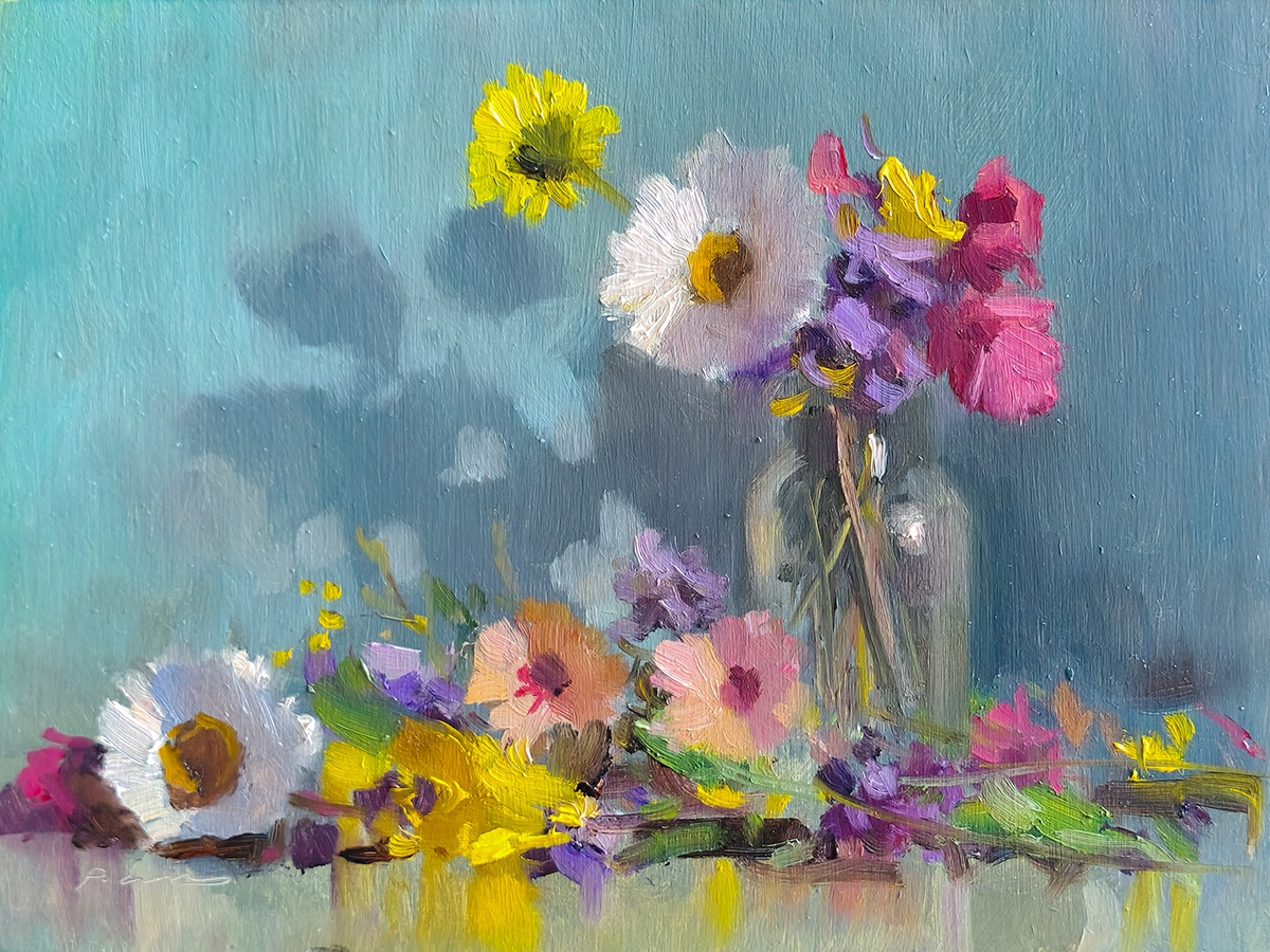 Peinture : Fleurs et Turquoise 