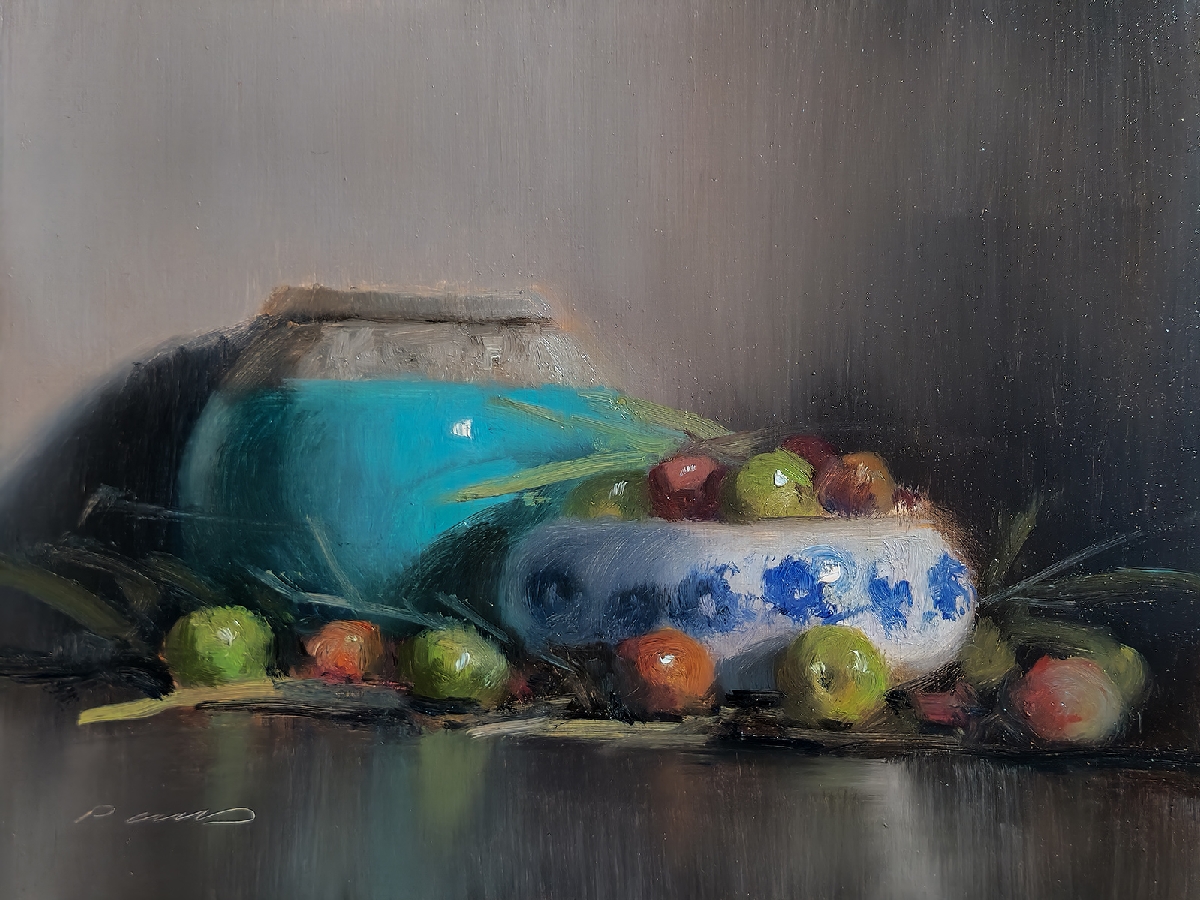 Peinture : Olives et Pot Bleu 