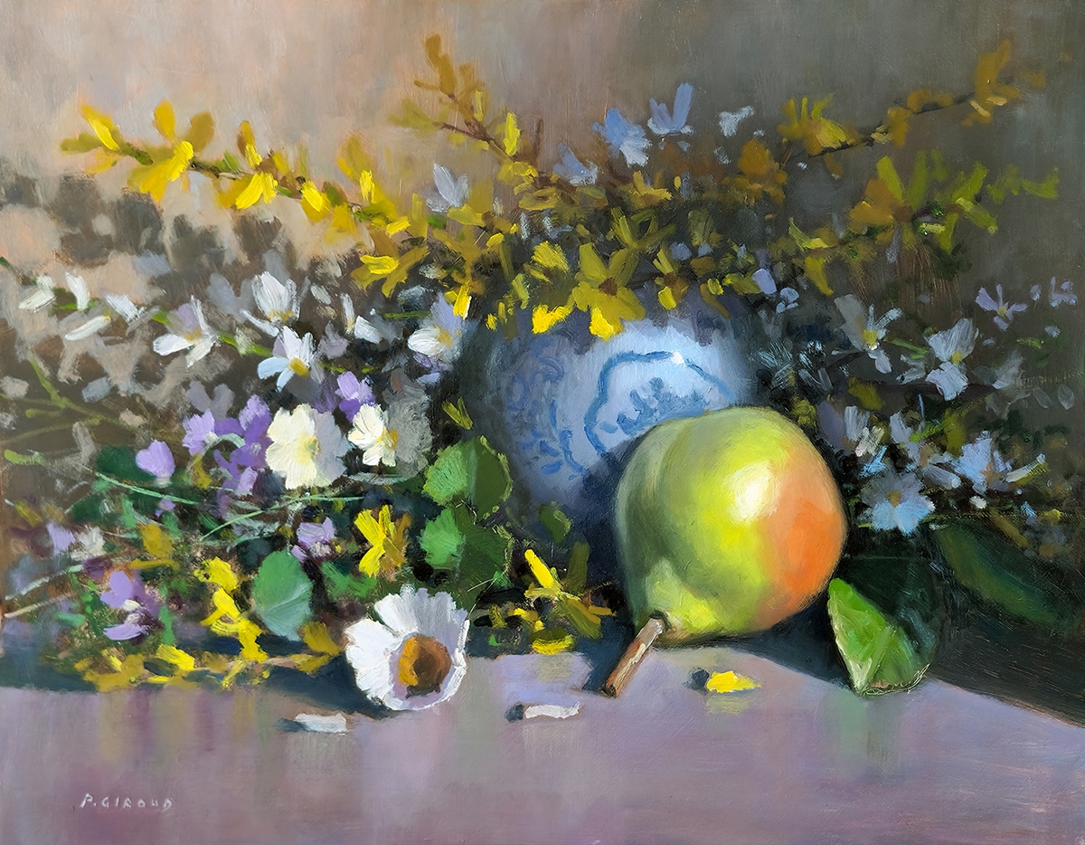 Peinture : Fleurs et Poire 