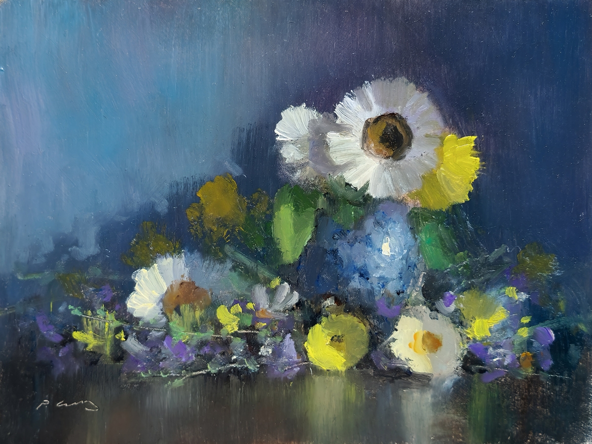 Peinture : Fleurs et Fond Bleu Peinture : Fleurs et Fond Bleu