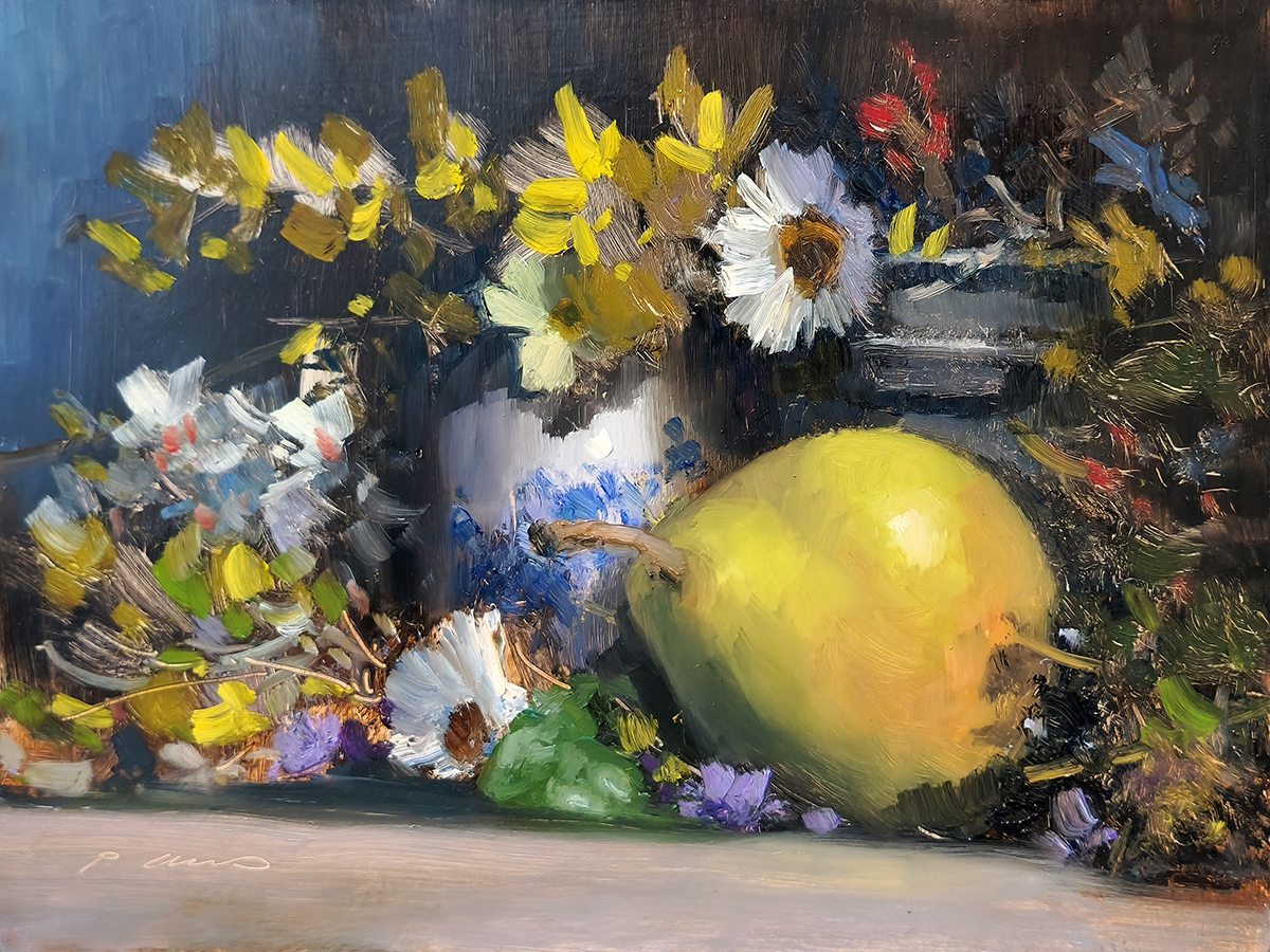 Peinture : Fleurs et Poire Peinture : Fleurs et Poire