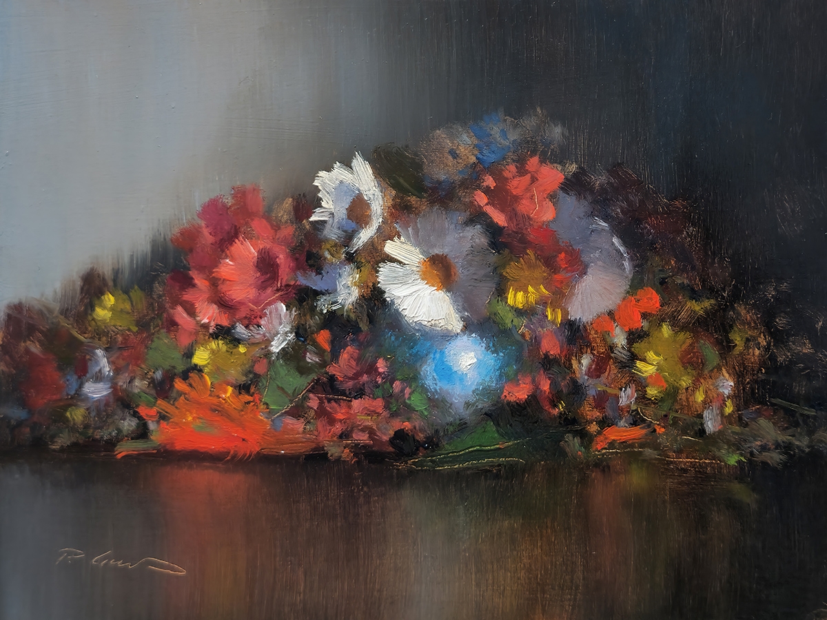 Peinture : Fleurs et Pot Turquoise 