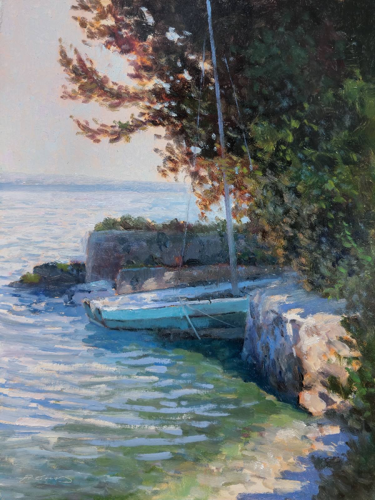 Peinture : Barque Turquoise Sur l'Etang de Berre