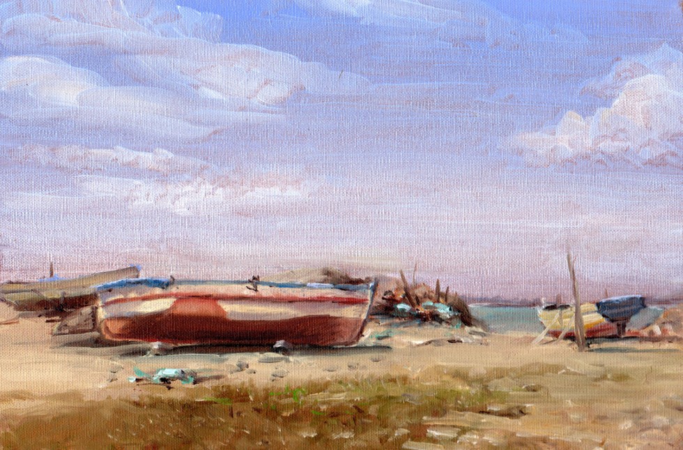 Peinture : Barques sur une plage de Djerba 